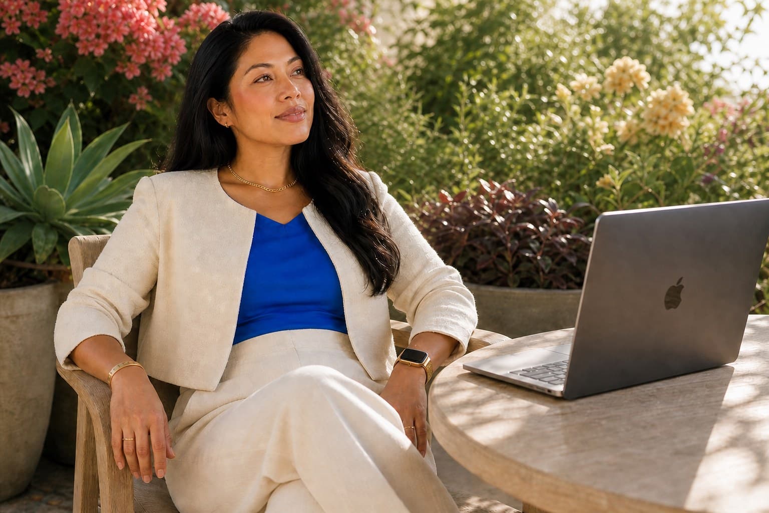 A Filipino American woman in her early thirties sitting back easily in a pale oak chair at a round pale oak table on a sunlit flowering terrace, her legs crossed and one hand resting along the arm of the chair, wearing a bright blue silk shell under an open collarless cream jacket with a gold chain, a slim gold bangle and a gold Apple Watch, her face lifted and turned aside with a small content smile, an open MacBook on the table beside her and her hands nowhere near it